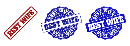 BEST WIFE scratched stamp seals in red and blue colors. Vector BEST WIFE marks with draft effect. Graphic elements are rounded rectangles, rosettes, circles and text tags.のイラスト素材