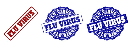 FLU VIRUS grunge stamp seals in red and blue colors. Vector FLU VIRUS labels with draft style. Graphic elements are rounded rectangles, rosettes, circles and text labels.のイラスト素材