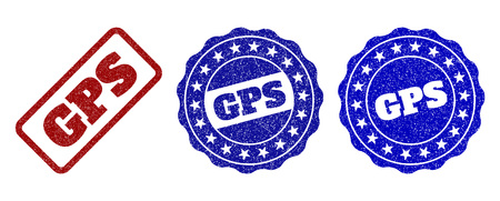 GPS grunge stamp seals in red and blue colors. Vector GPS marks with grunge style. Graphic elements are rounded rectangles, rosettes, circles and text captions. Designed for rubber stamp imitations.のイラスト素材