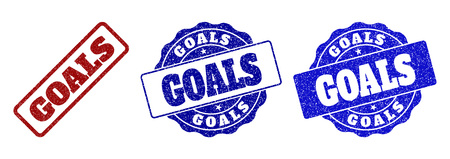 GOALS grunge stamp seals in red and blue colors. Vector GOALS overlays with grunge texture. Graphic elements are rounded rectangles, rosettes, circles and text titles.のイラスト素材
