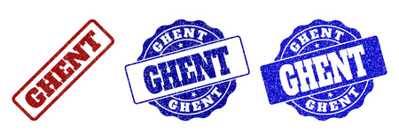 GHENT grunge stamp seals in red and blue colors. Vector GHENT signs with grunge texture. Graphic elements are rounded rectangles, rosettes, circles and text captions.のイラスト素材
