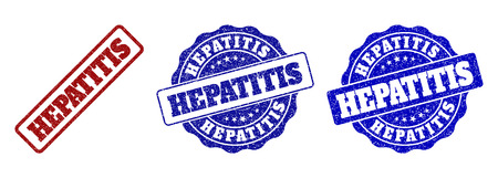 HEPATITIS grunge stamp seals in red and blue colors. Vector HEPATITIS labels with distress style. Graphic elements are rounded rectangles, rosettes, circles and text titles.のイラスト素材