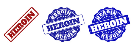 HEROIN grunge stamp seals in red and blue colors. Vector HEROIN labels with grunge style. Graphic elements are rounded rectangles, rosettes, circles and text labels.のイラスト素材