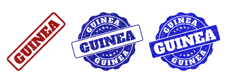 GUINEA grunge stamp seals in red and blue colors. Vector GUINEA signs with grunge surface. Graphic elements are rounded rectangles, rosettes, circles and text labels.のイラスト素材