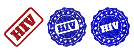 HIV grunge stamp seals in red and blue colors. Vector HIV labels with draft surface. Graphic elements are rounded rectangles, rosettes, circles and text captions. Designed for rubber stamp imitations.のイラスト素材