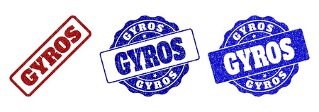 GYROS scratched stamp seals in red and blue colors. Vector GYROS labels with grainy surface. Graphic elements are rounded rectangles, rosettes, circles and text labels.のイラスト素材