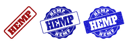 HEMP grunge stamp seals in red and blue colors. Vector HEMP imprints with draft style. Graphic elements are rounded rectangles, rosettes, circles and text captions.のイラスト素材