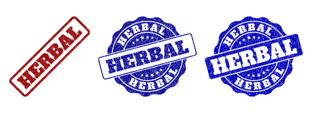 HERBAL grunge stamp seals in red and blue colors. Vector HERBAL overlays with grunge effect. Graphic elements are rounded rectangles, rosettes, circles and text titles.のイラスト素材