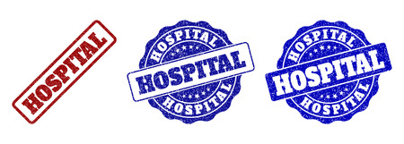 HOSPITAL scratched stamp seals in red and blue colors. Vector HOSPITAL labels with dirty style. Graphic elements are rounded rectangles, rosettes, circles and text labels.のイラスト素材