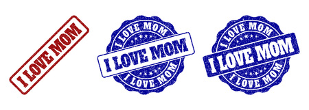 I LOVE MOM grunge stamp seals in red and blue colors. Vector I LOVE MOM overlays with grunge surface. Graphic elements are rounded rectangles, rosettes, circles and text labels.のイラスト素材