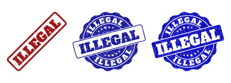 ILLEGAL scratched stamp seals in red and blue colors. Vector ILLEGAL overlays with scratced style. Graphic elements are rounded rectangles, rosettes, circles and text tags.のイラスト素材