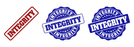 INTEGRITY grunge stamp seals in red and blue colors. Vector INTEGRITY watermarks with grunge surface. Graphic elements are rounded rectangles, rosettes, circles and text tags.のイラスト素材