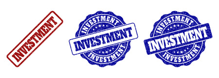 INVESTMENT grunge stamp seals in red and blue colors. Vector INVESTMENT labels with grunge surface. Graphic elements are rounded rectangles, rosettes, circles and text captions.のイラスト素材