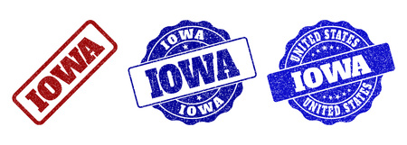 IOWA grunge stamp seals in red and blue colors. Vector IOWA labels with grunge effect. Graphic elements are rounded rectangles, rosettes, circles and text tags. Designed for rubber stamp imitations.のイラスト素材