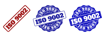 ISO 9002 scratched stamp seals in red and blue colors. Vector ISO 9002 watermarks with dirty style. Graphic elements are rounded rectangles, rosettes, circles and text labels.のイラスト素材
