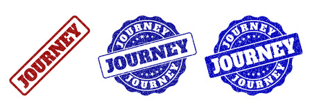 JOURNEY scratched stamp seals in red and blue colors. Vector JOURNEY imprints with draft effect. Graphic elements are rounded rectangles, rosettes, circles and text titles.のイラスト素材