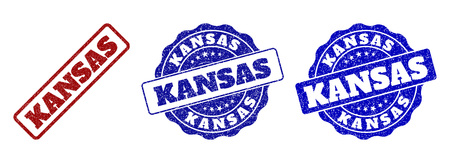 KANSAS grunge stamp seals in red and blue colors. Vector KANSAS labels with grainy surface. Graphic elements are rounded rectangles, rosettes, circles and text labels.のイラスト素材