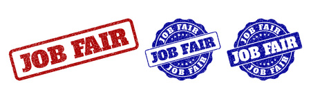 JOB FAIR grunge stamp seals in red and blue colors. Vector JOB FAIR imprints with grunge surface. Graphic elements are rounded rectangles, rosettes, circles and text captions.のイラスト素材