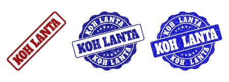 KOH LANTA grunge stamp seals in red and blue colors. Vector KOH LANTA watermarks with grunge style. Graphic elements are rounded rectangles, rosettes, circles and text captions.のイラスト素材
