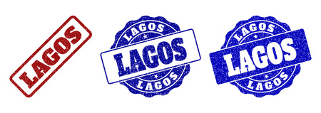 LAGOS grunge stamp seals in red and blue colors. Vector LAGOS labels with distress texture. Graphic elements are rounded rectangles, rosettes, circles and text tags.のイラスト素材