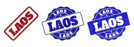 LAOS scratched stamp seals in red and blue colors. Vector LAOS watermarks with draft style. Graphic elements are rounded rectangles, rosettes, circles and text labels.のイラスト素材