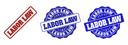 LABOR LAW grunge stamp seals in red and blue colors. Vector LABOR LAW labels with scratced effect. Graphic elements are rounded rectangles, rosettes, circles and text titles.のイラスト素材