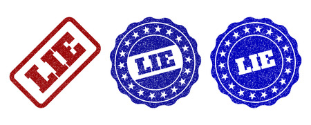 LIE grunge stamp seals in red and blue colors. Vector LIE labels with grunge surface. Graphic elements are rounded rectangles, rosettes, circles and text captions.のイラスト素材