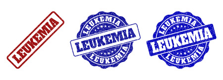 LEUKEMIA grunge stamp seals in red and blue colors. Vector LEUKEMIA signs with grainy surface. Graphic elements are rounded rectangles, rosettes, circles and text captions.のイラスト素材