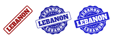 LEBANON scratched stamp seals in red and blue colors. Vector LEBANON labels with distress effect. Graphic elements are rounded rectangles, rosettes, circles and text titles.のイラスト素材