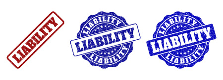LIABILITY scratched stamp seals in red and blue colors. Vector LIABILITY labels with scratced style. Graphic elements are rounded rectangles, rosettes, circles and text labels.のイラスト素材