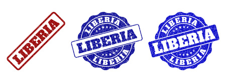 LIBERIA grunge stamp seals in red and blue colors. Vector LIBERIA labels with draft effect. Graphic elements are rounded rectangles, rosettes, circles and text labels.のイラスト素材