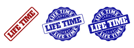 LIFE TIME grunge stamp seals in red and blue colors. Vector LIFE TIME labels with scratced surface. Graphic elements are rounded rectangles, rosettes, circles and text labels.のイラスト素材