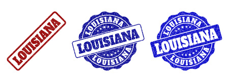 LOUISIANA grunge stamp seals in red and blue colors. Vector LOUISIANA imprints with grunge style. Graphic elements are rounded rectangles, rosettes, circles and text titles.のイラスト素材