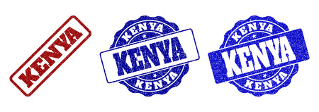 KENYA grunge stamp seals in red and blue colors. Vector KENYA imprints with grunge surface. Graphic elements are rounded rectangles, rosettes, circles and text tags.のイラスト素材