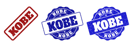KOBE scratched stamp seals in red and blue colors. Vector KOBE overlays with dirty style. Graphic elements are rounded rectangles, rosettes, circles and text labels.のイラスト素材