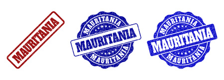 MAURITANIA grunge stamp seals in red and blue colors. Vector MAURITANIA marks with grunge style. Graphic elements are rounded rectangles, rosettes, circles and text labels.のイラスト素材