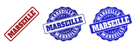 MARSEILLE grunge stamp seals in red and blue colors. Vector MARSEILLE imprints with dirty style. Graphic elements are rounded rectangles, rosettes, circles and text titles.のイラスト素材
