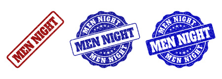 MEN NIGHT grunge stamp seals in red and blue colors. Vector MEN NIGHT overlays with grunge surface. Graphic elements are rounded rectangles, rosettes, circles and text captions.のイラスト素材