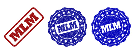 MLM grunge stamp seals in red and blue colors. Vector MLM labels with grunge texture. Graphic elements are rounded rectangles, rosettes, circles and text labels. Designed for rubber stamp imitations.のイラスト素材
