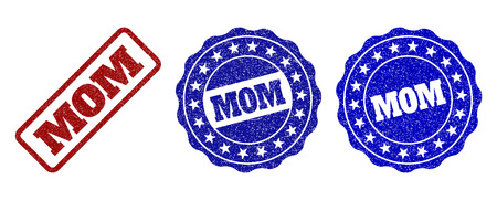 MOM scratched stamp seals in red and blue colors. Vector MOM labels with scratced texture. Graphic elements are rounded rectangles, rosettes, circles and text labels.のイラスト素材