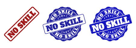 NO SKILL grunge stamp seals in red and blue colors. Vector NO SKILL labels with distress texture. Graphic elements are rounded rectangles, rosettes, circles and text labels.のイラスト素材