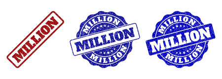 MILLION grunge stamp seals in red and blue colors. Vector MILLION overlays with draft texture. Graphic elements are rounded rectangles, rosettes, circles and text captions.のイラスト素材