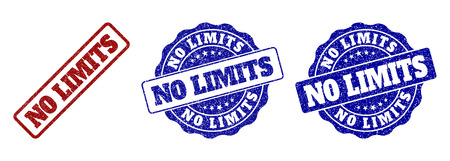 NO LIMITS grunge stamp seals in red and blue colors. Vector NO LIMITS labels with grunge surface. Graphic elements are rounded rectangles, rosettes, circles and text titles.のイラスト素材