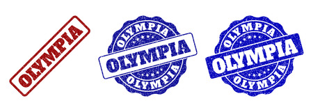 OLYMPIA scratched stamp seals in red and blue colors. Vector OLYMPIA imprints with draft effect. Graphic elements are rounded rectangles, rosettes, circles and text titles.のイラスト素材