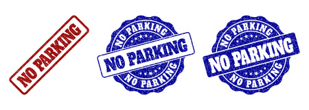 NO PARKING grunge stamp seals in red and blue colors. Vector NO PARKING labels with scratced effect. Graphic elements are rounded rectangles, rosettes, circles and text labels.のイラスト素材