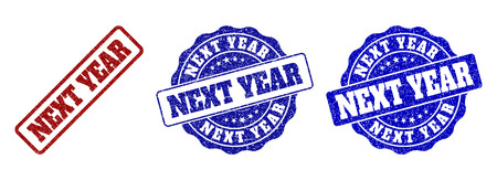 NEXT YEAR grunge stamp seals in red and blue colors. Vector NEXT YEAR overlays with dirty style. Graphic elements are rounded rectangles, rosettes, circles and text captions.のイラスト素材