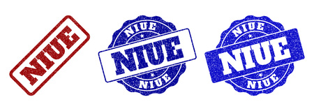 NIUE scratched stamp seals in red and blue colors. Vector NIUE labels with scratced effect. Graphic elements are rounded rectangles, rosettes, circles and text labels.のイラスト素材
