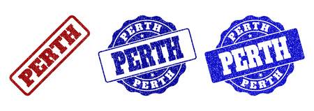 PERTH scratched stamp seals in red and blue colors. Vector PERTH imprints with dirty surface. Graphic elements are rounded rectangles, rosettes, circles and text captions.のイラスト素材
