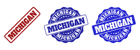 MICHIGAN grunge stamp seals in red and blue colors. Vector MICHIGAN marks with grunge texture. Graphic elements are rounded rectangles, rosettes, circles and text titles.のイラスト素材