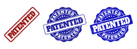 PATENTED grunge stamp seals in red and blue colors. Vector PATENTED overlays with grunge style. Graphic elements are rounded rectangles, rosettes, circles and text labels.のイラスト素材